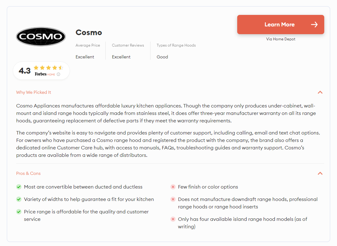 Cosmo, One of the Best Range Hood Brands of 2022 by Forbes Cosmo